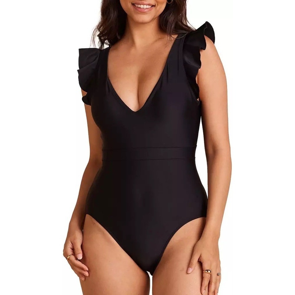 Summersalt Swimsuit Women 14 The Ruffle Backflip Black V-Neck Low Back One Piece